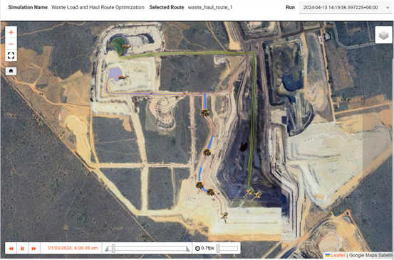 Helm load-and-haul simulation: a satellite view of an open pit with a selected haul route and truck positions overlaid, replaying a simulated waste hauling cycle.