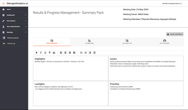 Helm Results and Progress Management summary pack: a meeting view with highlights, issues, lowlights and priorities, plus tabs for RPM overview, scorecard, actions log and KPI tracking.